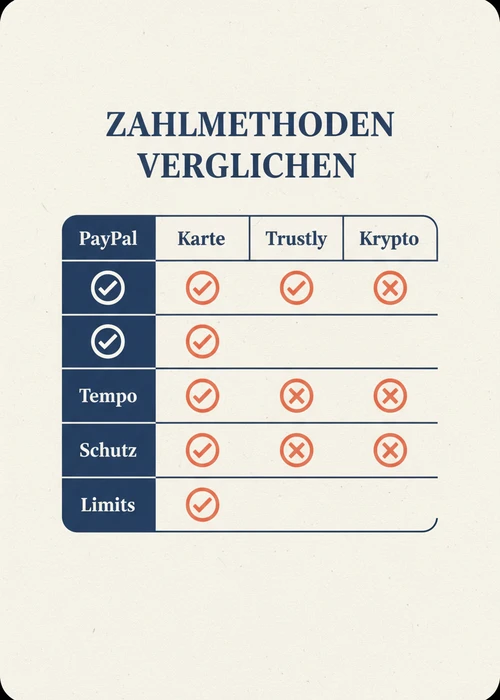 Zahlmethoden im Vergleich beim besten PayPal Casino — PayPal, Karte, Trustly und Krypto nach Tempo, Schutz und Limits.