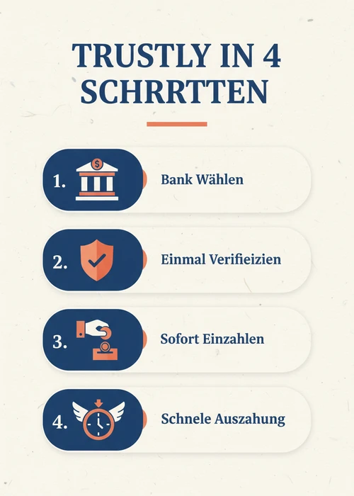 Trustly in vier Schritten beim PayPal Casino — Bank wählen, einmal verifizieren, sofort einzahlen und schnelle Auszahlung.