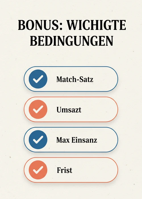Bonus wichtige Bedingungen beim PayPal Casino — Match-Satz, Umsatz, Max Einsatz und Frist als Checkliste.