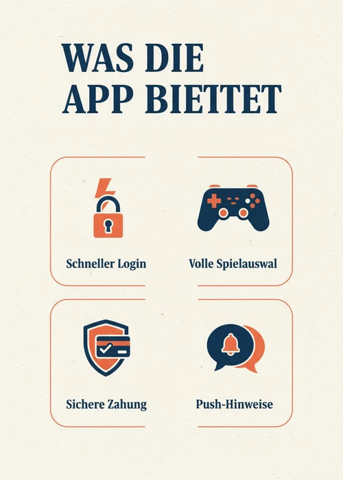 Was die PayPal Casino App bietet — schneller Login, volle Spielauswahl, sichere Zahlung und Push-Hinweise als Badges.